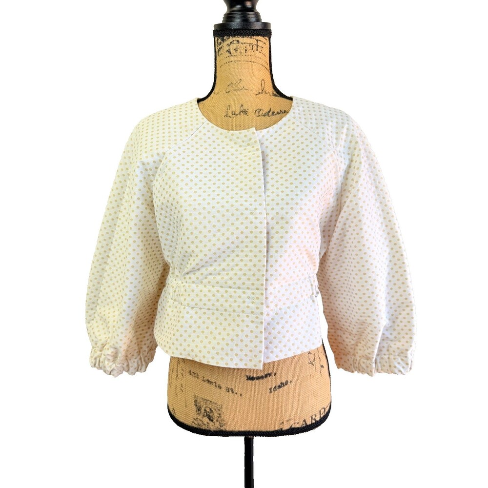 Tia Cibani Women's Ivory Gold Polka Dot Snap Front Peplum Jacket Sz 2